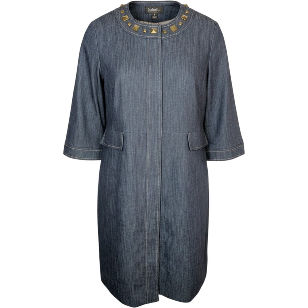 Isabella Suits Denim Studded Collar Coat Women 6 Blue Plaid Lined‎ 3/4 Sleeve